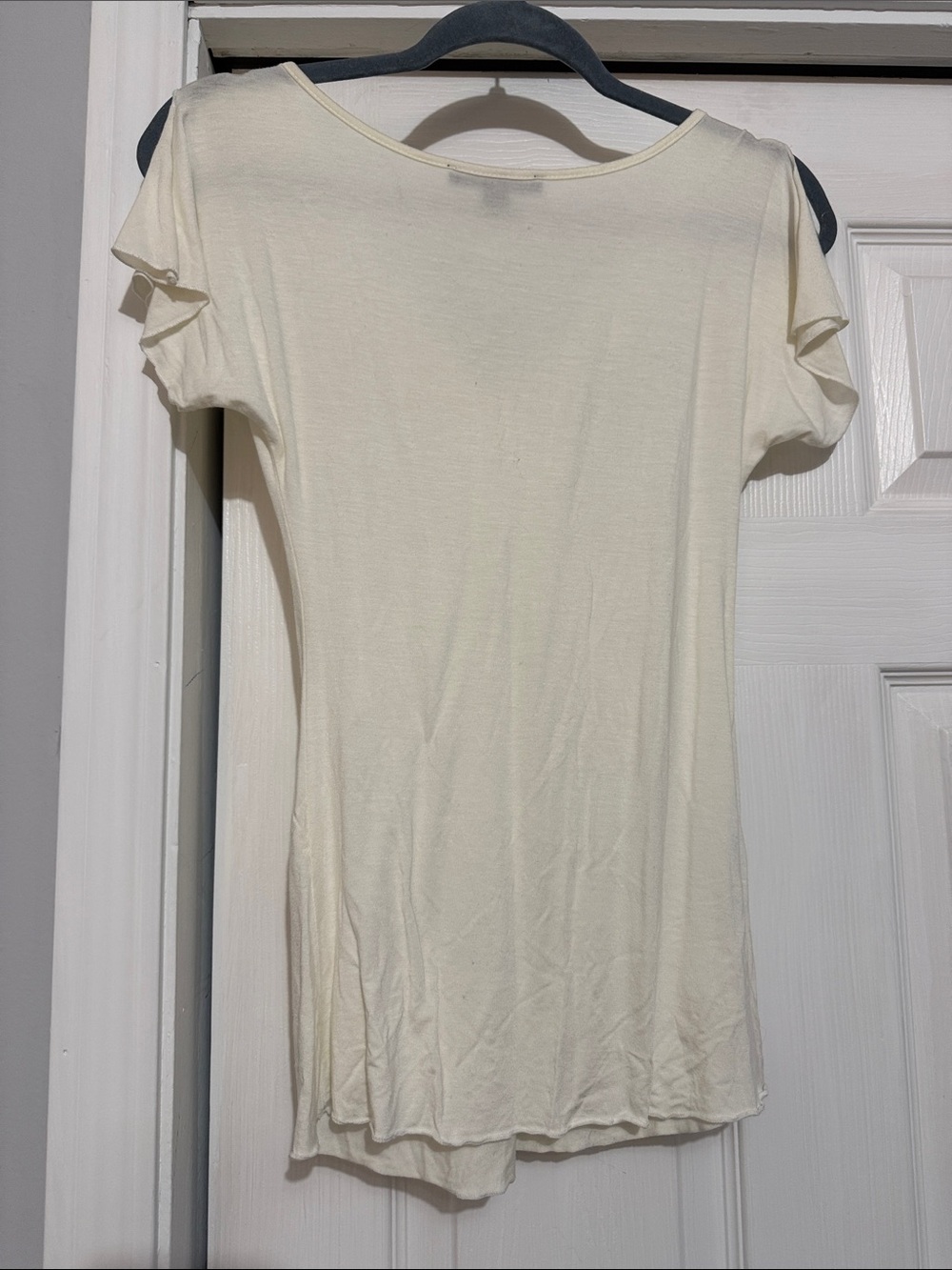 Express Cream V-Neck Short Sleeve Top with Center Embellishment - Picture 2 of 3